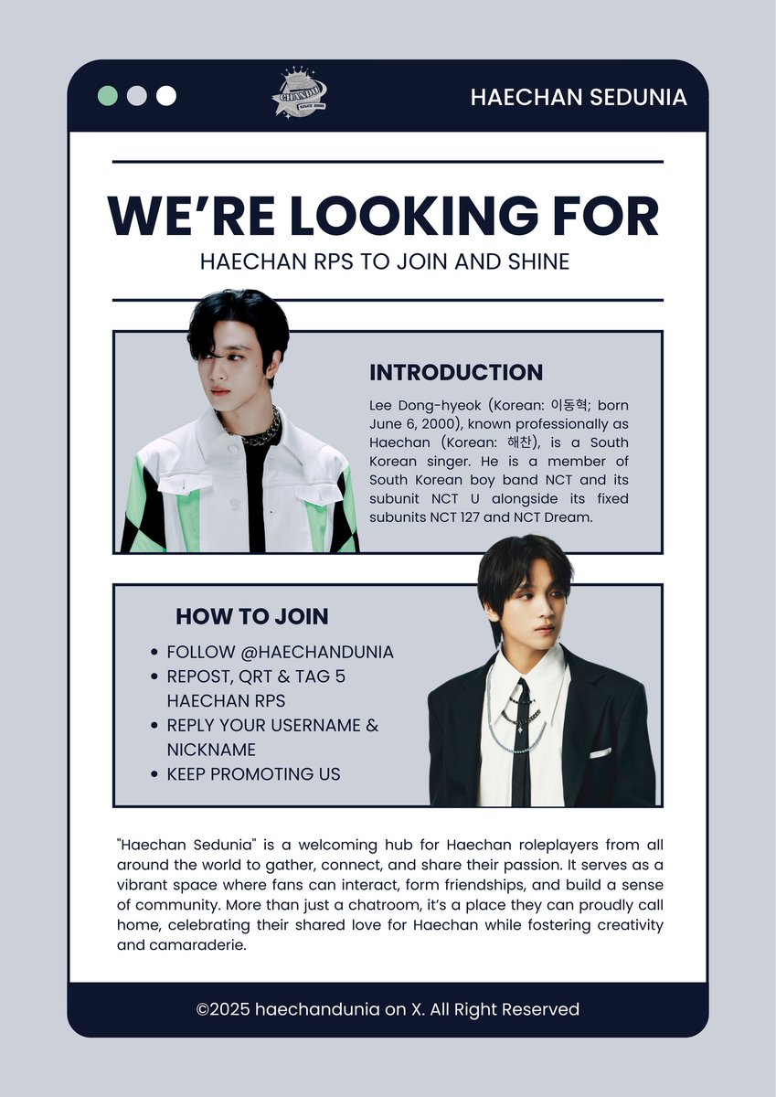 We are looking for Haechan roleplayers to join our group and help create a warm, inclusive, and safest space for everyone! Please tag your Haechan RPs and also SQ who’d love to be friends with us!