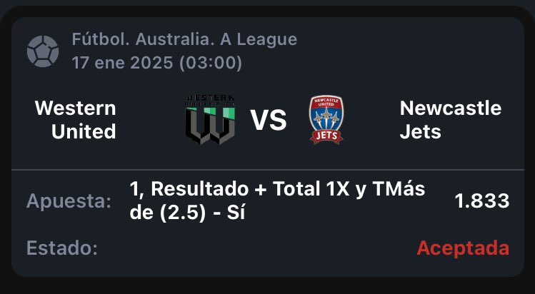 PreSeleccionado's tweet image. Al que madruga Dios lo ayuda

APUESTA DE AUSTRALIA A LEAGUE 🇦🇺

⏩ Gana o empata Western United y más de 2.5 goles en el partido 🇦🇺🇦🇺

🔋STAKE 8
🔝 Cuota x1.83