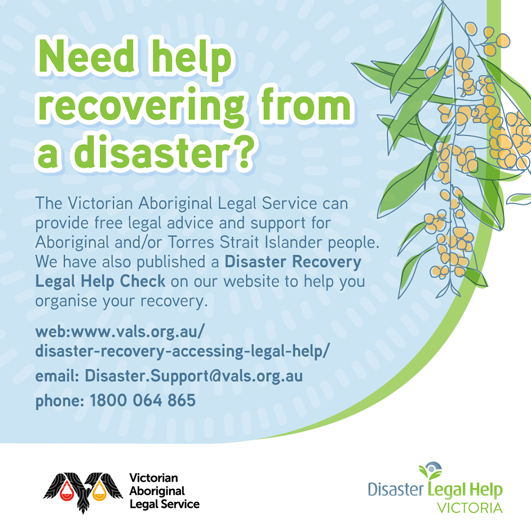 Victoria Legal Aid (@viclegalaid) on Twitter photo Bushfires, floods and storms can cause people to lose documents or have problems getting their houses fixed. Other legal problems can get worse too. If youāre an Aboriginal and/or Torres Strait Islander person living in Victoria, <a href="/thevalsmob/">Victorian Aboriginal Legal Service</a> can help vals.org.au/disaster-recov⦠Bushfires, floods and storms can cause people to lose documents or have problems getting their houses fixed. Other legal problems can get worse too. If youāre an Aboriginal and/or Torres Strait Islander person living in Victoria, <a href="/thevalsmob/">Victorian Aboriginal Legal Service</a> can help vals.org.au/disaster-recovā¦