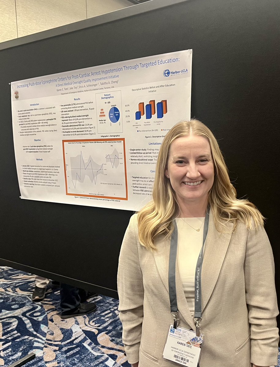 Karen Tate presented her poster on optimizing push-dose epi orders for ROSC in prehospital patients at #NAEMSP! 🩺🚑 Proud moment for <a href="/HarborUCLAEM/">Harbor-UCLA Emergency Medicine</a> showcasing prehospital care scholarly work. #EMS #EmergencyMedicine