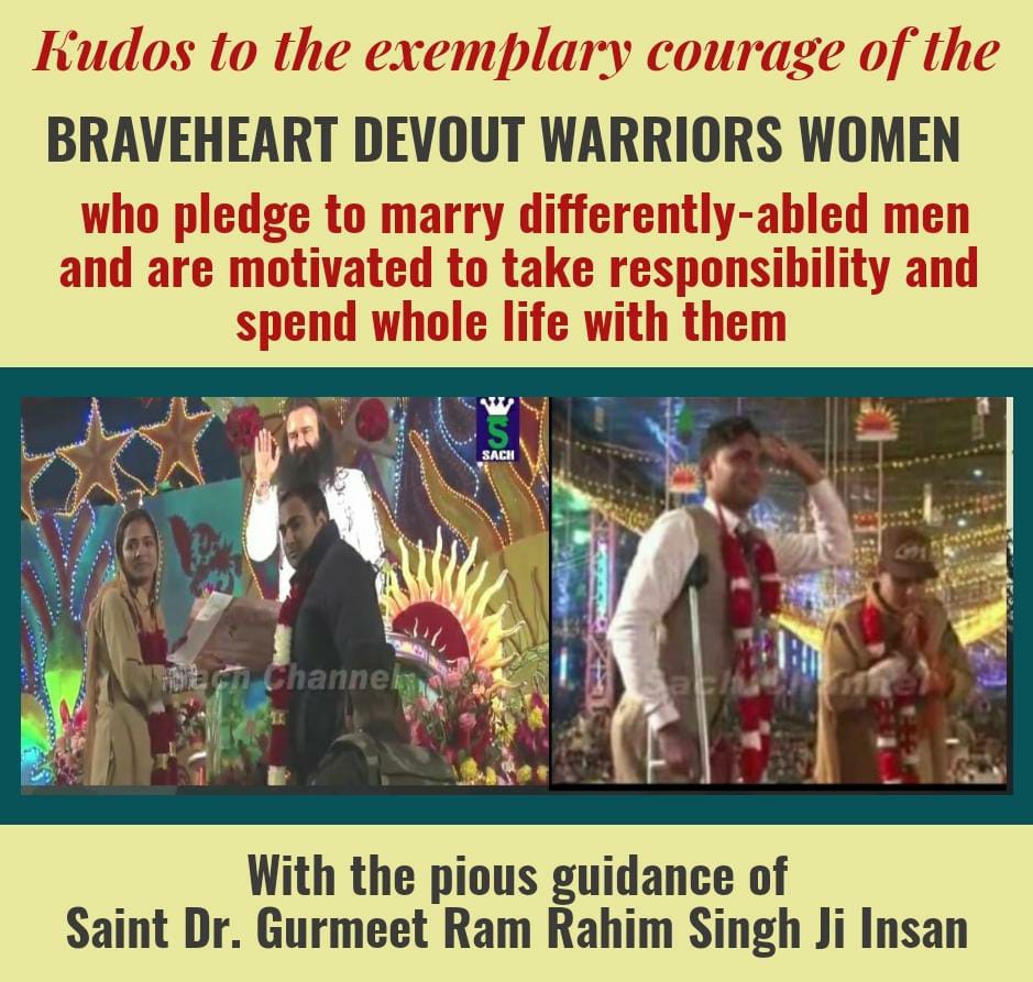 Kaur_Inaayat's tweet photo. For choosing partner, every girl has many expections but Dera Sacha Sauda volunteers are unique. Many Dera devotee girls marry physically disabled &amp; support them for whole life. Saint Dr MSG Insan calls them #BraveheartWomen. Till now, many marriages have been solemnised. https://t.co/UiRqTfQ63Z