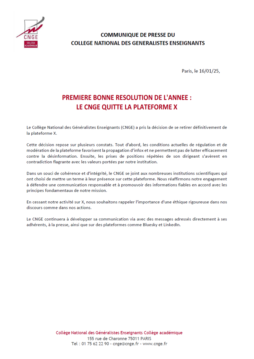Communiqué de presse du <a href="/CNGE_France/">CNGE</a> "Première bonne résolution de l'année : le CNGE quitte la plateforme X" #Fermeture #X 
cnge.fr/wp-content/upl… 1/