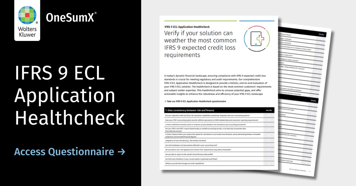 OneSumX_FRR's tweet image. Validate your system for IFRS 9 financial compliance. From data integration to governance, get the insights you need to improve your Expected Credit Loss (ECL) processes and meet the financial standards: ow.ly/y4r150UIg8r

#IFRS9 #Banking #creditrisk #OneSumX #WoltersKluwer
