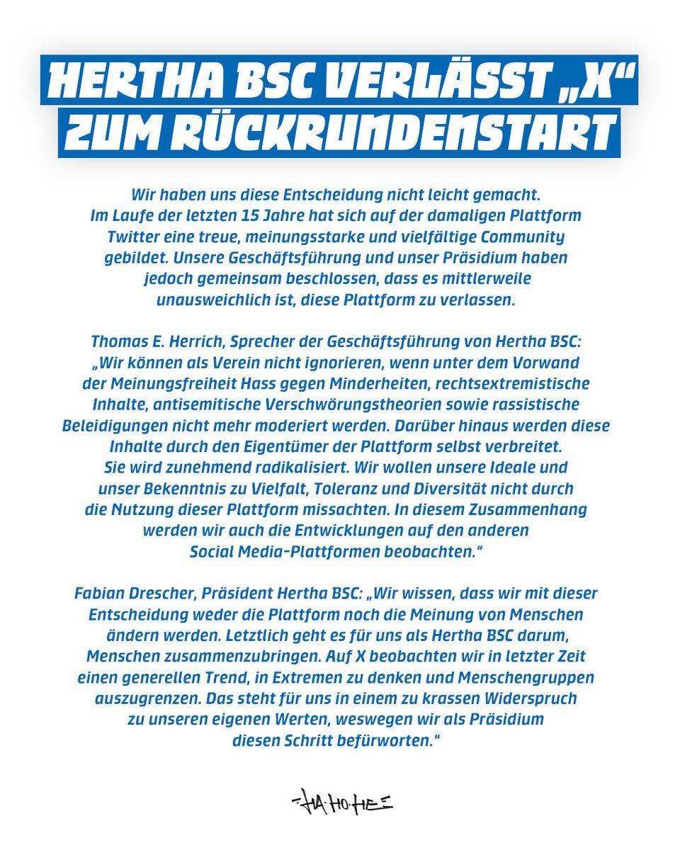 Wir verlassen die Plattform X.

Ab sofort werden wir euch auf Bluesky mit allen wichtigen Infos rund um unsere Akademie versorgen: bsky.app/profile/hertha… ⬅️

#HaHoHe