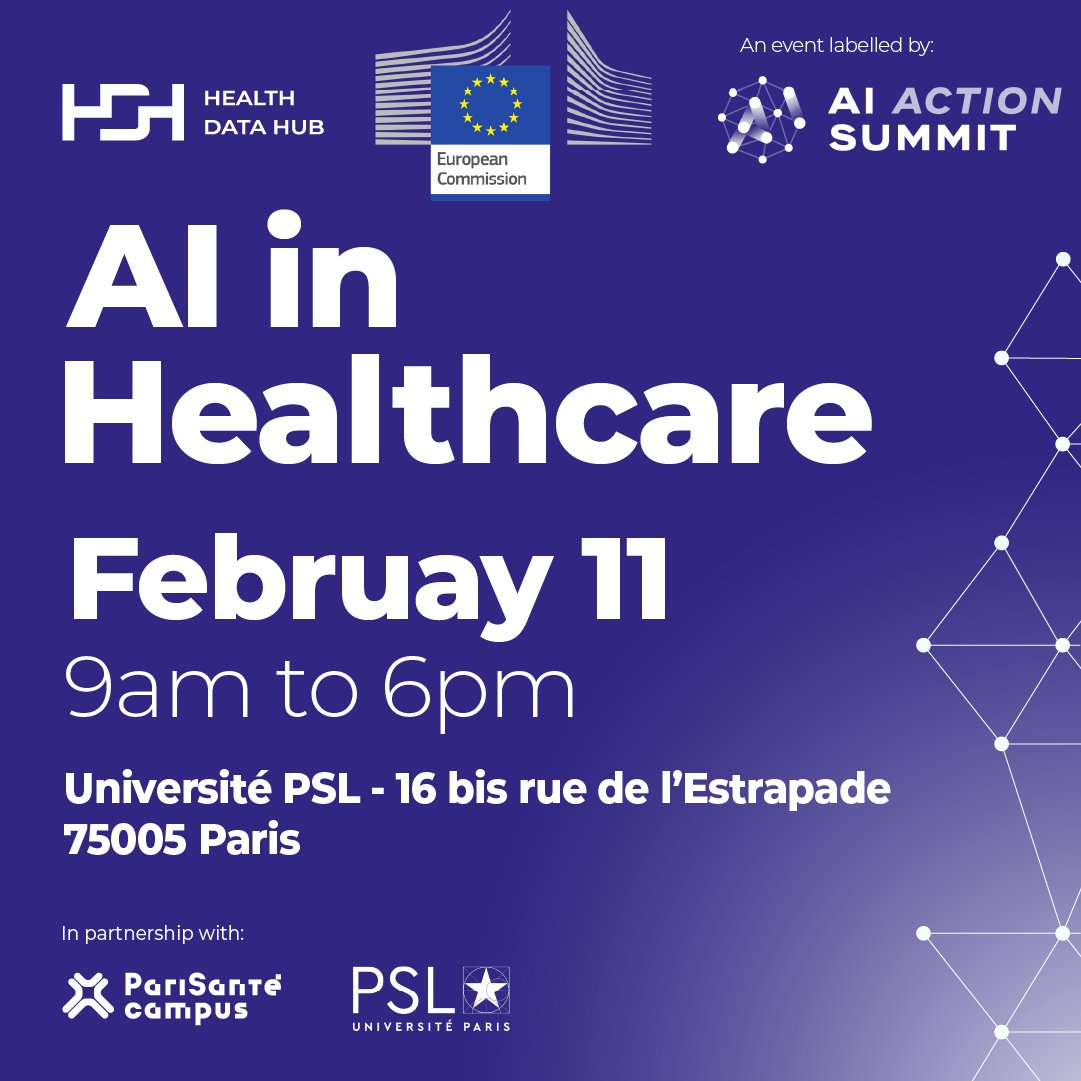 Health Data Hub (@healthdatahub) on Twitter photo #AIActionSummit📢 Save the date! "#AI in Healthcare: Practical Solutions for Urgent Global Challenges" the event co-organized with the
<a href="/EU_Commission/">European Commission</a> as part of the Summit for Action on Artificial Intelligence will take place on Tuesday, February 11, 2025, from 9 am to 6 pm, at #AIActionSummit📢 Save the date! "#AI in Healthcare: Practical Solutions for Urgent Global Challenges" the event co-organized with the
<a href="/EU_Commission/">European Commission</a> as part of the Summit for Action on Artificial Intelligence will take place on Tuesday, February 11, 2025, from 9 am to 6 pm, at