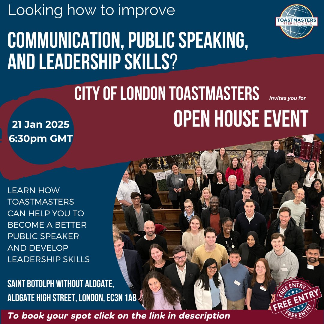 Ready to level up in 2025?

Boost your public speaking, communication, and leadership skills at our Toastmasters Open House! 🌟

📅 21st Jan 2025
💸 FREE—register here: tinyurl.com/5n94kh7u

Start your journey to confidence today! 💼🎤
#Toastmasters #OpenHouse