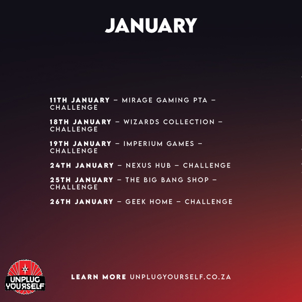 UnplugZA's tweet image. 🔥 The action continues this week! Grab your decks, team up, and test your skills in these Pokémon Challenges:

🗓️ January 18 – Wizards Collection
🗓️ January 19 – Imperium Games

Don’t miss your chance to rise to the top! 🏆🎴

#PokemonTCG #ChallengeWeek #CatchEmAll