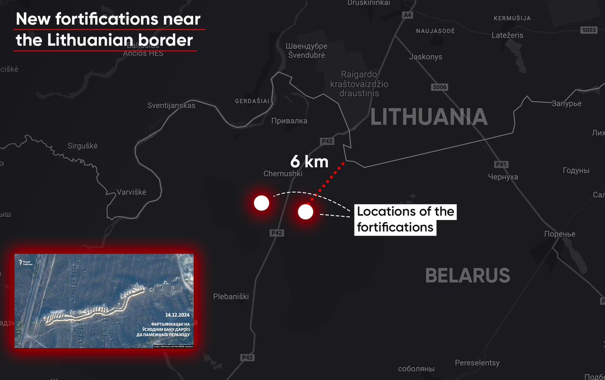 Hajun_BY's tweet photo. Another defense line appeared in Belarus 6 km from the border with Lithuania? New satellite images

@svaboda published fresh satellite images of the section of the Belarusian-Lithuanian border near the Hozhski training ground (Hrodna region), taken by Planet Labs on December 14, 2024. 

They show that new fortifications, including a 340-meter-long ditch, trenches and fortifications, appeared 6 km from the border with Lithuania in the northwestern part of the training ground. They are located on both sides of the R42 road and are probably still under construction. 

The media notes that they began to dig the trenches there back in 2022-2023. However, the territory where they are located is not de facto part of the Hozhski training ground, but is part of the Horadzenskaya Pushcha national landscape reserve.

Recall that in December, we wrote about the secret visit of the Belarusian military and officials to Bryansk region, where they studied the Russian experience of the construction of fortified areas. Then it was also noted that a new fortification would be created in Hrodna region, which was mentioned by the head of the main department of combat training of the Belarusian Armed Forces back in January 2024. Also recall that such fortifications have been previously created in Homiel and Brest regions of Belarus. And the “Khrenin’s line” near Zhabinka (Brest region) is regularly used by the military during trainings.