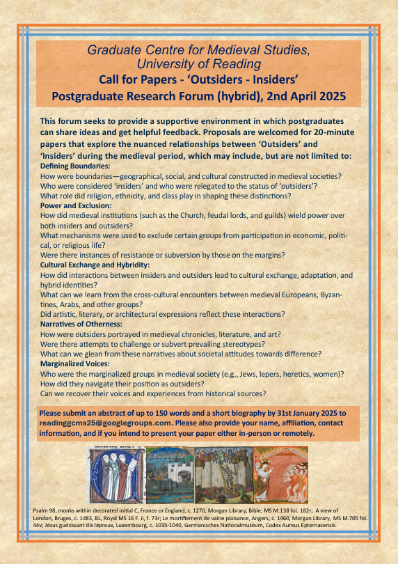 CarolineBourne_'s tweet photo. Two weeks left to submit abstracts for the 'Outsiders-Insiders' Postgraduate Research Forum hosted by
@UniRdg_GCMS. Is this theme relevant to your research? If so, consider presenting in an inclusive &amp; supportive environment on 2nd April at Reading or online. #MedievalTwitter https://t.co/IezISwbTlp