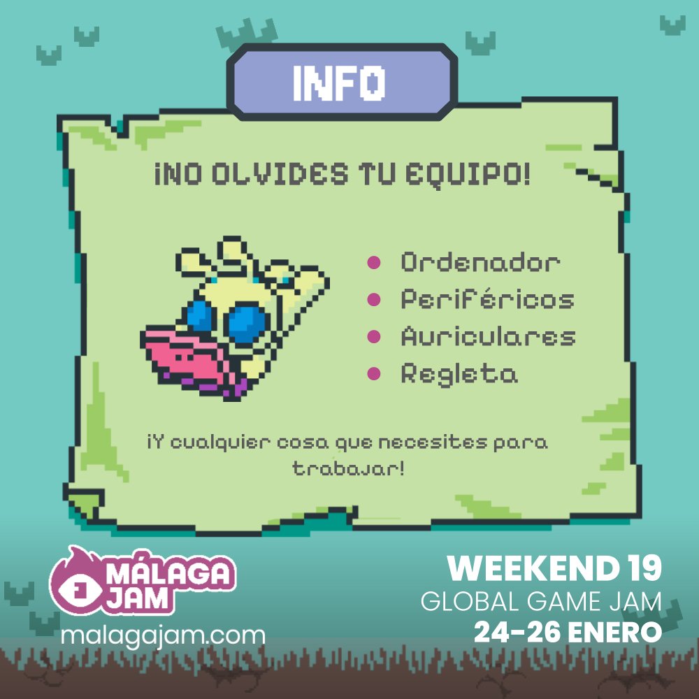 MalagaJam's tweet photo. En la #MJW19 os daremos comida casera, bebiditas, espacio para trabajar y mucho amor, pero recordad traer las herramientas de trabajo que vayáis a necesitar para crear los jueguitos! 💻🖱️⌨️🎧 https://t.co/N1xBDgGlL4