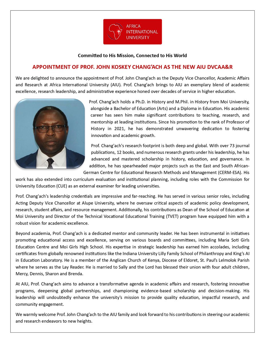 We warmly welcome our new DVCAA&amp;R Prof. John K. Changach to our <a href="/AIU_uni/">Africa International University</a> family.