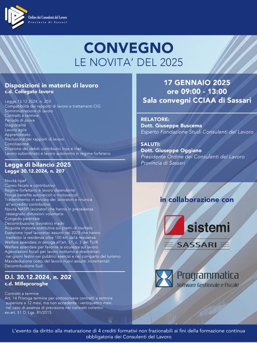 StudioCabrasCdL's tweet photo. #studiocabrascdl partecipa al convegno alla #cciaa di #sassari per la #formazioneprofessionale > #collegatolavoro > #leggedibilancio2025 https://t.co/kwBn9FOal6