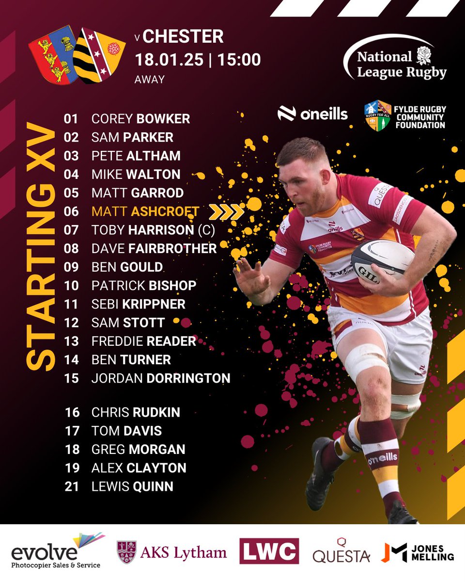 fylderugby's tweet photo. Fylde make 3 changes in their starting line-up for visit to @RUFCChester on Sat (ko 15.00). Sam Parker is at hooker &amp; Matt Ashcroft is at flanker. In the backs, an interesting debutant is the latest off the KGS/Sale Sharks Academy production line, Sebi Krippner. https://t.co/lI9aZumtpz