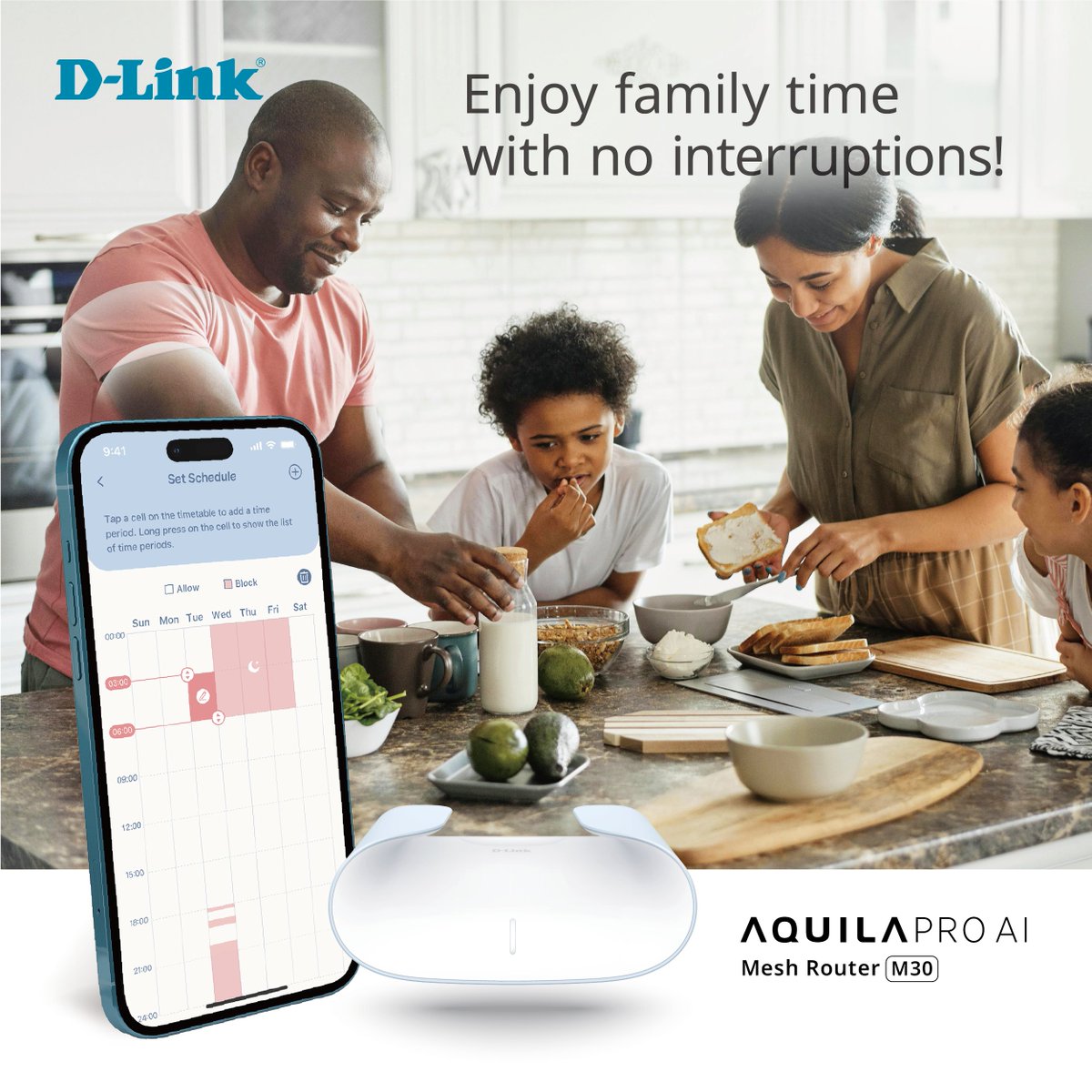 DLinkSA's tweet image. Let the AQUILA PRO AI Smart Mesh Router help you savor the moments that truly matter.
With the Set Schedule feature, you can automatically turn off Wi-Fi during dinner, creating a distraction-free space for meaningful moments and uninterrupted quality time. 📷 #DLink #AQUILAPROAI