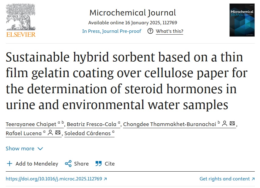 🌱 Excited to share our latest research on sustainable hybrid sorbents! Discover how gelatin-coated cellulose paper can be prepared and used for extracting steroid hormones from aqueous samples in this Microchemical Journal article. 👇
doi.org/10.1016/j.micr…