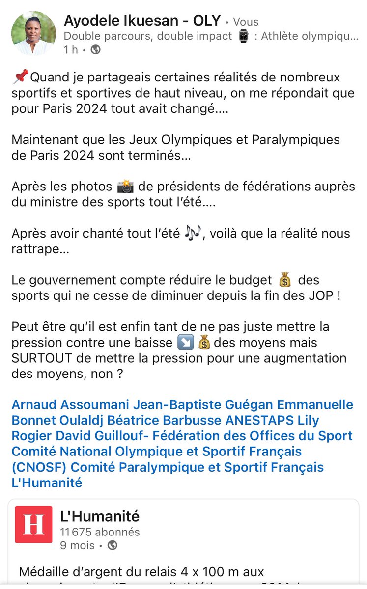 📣 Après avoir chanté 🎶 tout l’été, le budget 💰 du ministère des sports peut encore diminuer ↘️

On demande toujours aux sportifs de se mobiliser, pourquoi nos dirigeants sportifs ne sont-ils  ❌ TOUS vent debout contre ça ? 🧐

On ne veut PLUS de moyens pour le sport en 🇫🇷‼️