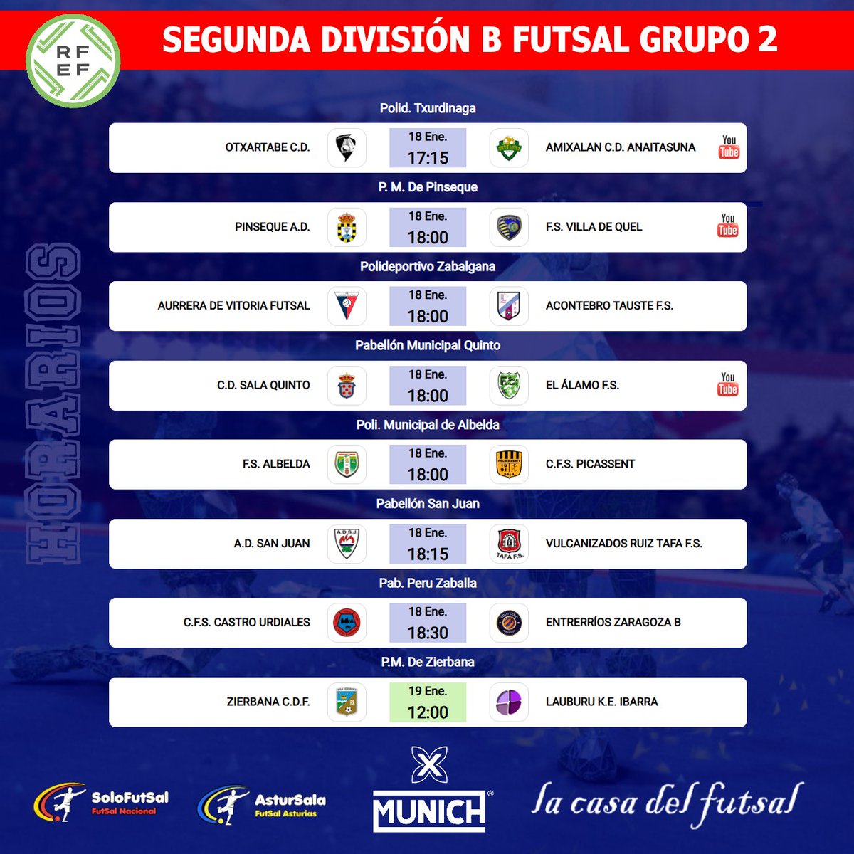 🟥2⃣ª🅱️  DIVISIÓN FUTSAL - GRUPO 2⃣
📆 17ª JORNADA  / ⏰HORARIOS

✍️ Consulta los horarios de la jornada
📎 📎 solo-futsal.es/segunda-divisi…

🔀 Visita los perfiles de los equipos de la categoría
<a href="/Otxartabe/">Otxartabe</a> <a href="/LAUBURUKEIBARRA/">CMO Valves Lauburu Ibarra</a> <a href="/ZierbenaFS/">Zierbena FS</a> <a href="/cdpinseque/">𝘾𝙇𝙐𝘽 𝘿𝙀𝙋𝙊𝙍𝙏𝙄𝙑𝙊 𝙋𝙄𝙉𝙎𝙀𝙌𝙐𝙀</a> <a href="/ADSanJuanFS/">AD San Juan Futbol Sala</a> <a href="/tafafutbolsala/">🅣🅐🅕🅐 𝕗ú𝕥𝕓𝕠𝕝 𝕤𝕒𝕝𝕒</a>