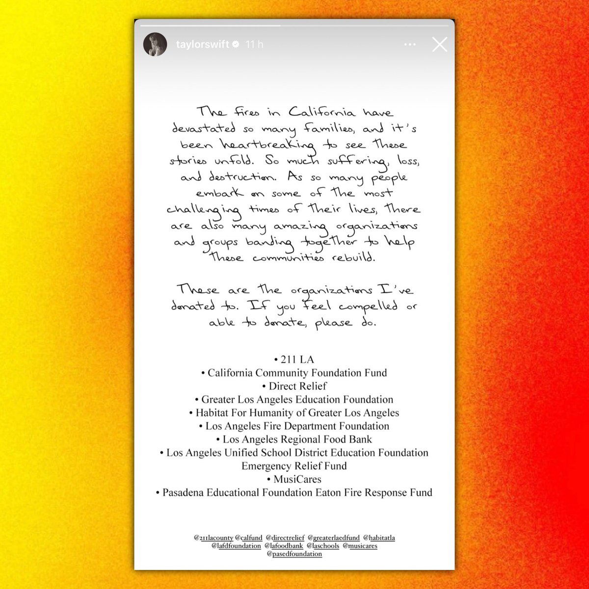 Taylor Swift speaks out on California wildfires and shares organizations that she’s donated to:

“The fires in California have devastated so many families, and it's been heartbreaking to see these stories unfold. So much suffering, loss, and destruction.”