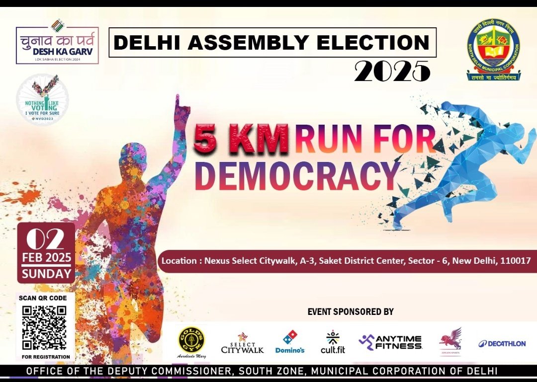 DC SOUTH ZONE (@dcsouthzone) on Twitter photo For voter awareness,South Zone, MCD is organising a 5 KM Run For Democracy on 02.02.2025.<a href="/LtGovDelhi/">LG Delhi</a> <a href="/AshwaniKumar_92/">Ashwani Kumar</a> <a href="/MCD_Delhi/">Municipal Corporation of Delhi</a> <a href="/DMSOUTH1/">District Election Officer - South Delhi</a> For voter awareness,South Zone, MCD is organising a 5 KM Run For Democracy on 02.02.2025.<a href="/LtGovDelhi/">LG Delhi</a> <a href="/AshwaniKumar_92/">Ashwani Kumar</a> <a href="/MCD_Delhi/">Municipal Corporation of Delhi</a> <a href="/DMSOUTH1/">District Election Officer - South Delhi</a>