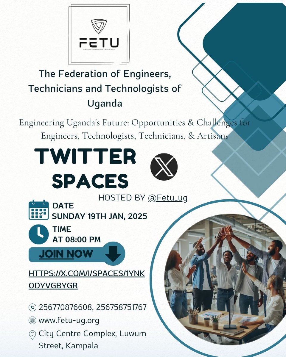 Fetu_ug's tweet photo. 🌟 Join FETU’s First Twitter Space! 🌟

📅 Sunday, 19th Jan 2025
⏰ 8:00 PM
🎙️ Engineering Uganda's Future: Opportunities &amp; Challenges for Engineers, Technologists, Technicians, &amp; Artisans
🔗 https://t.co/WsCMu9xQgA

#FETU #Uganda #Engineers #Technologists #Technicians #Artisans https://t.co/r35BtdlXBZ