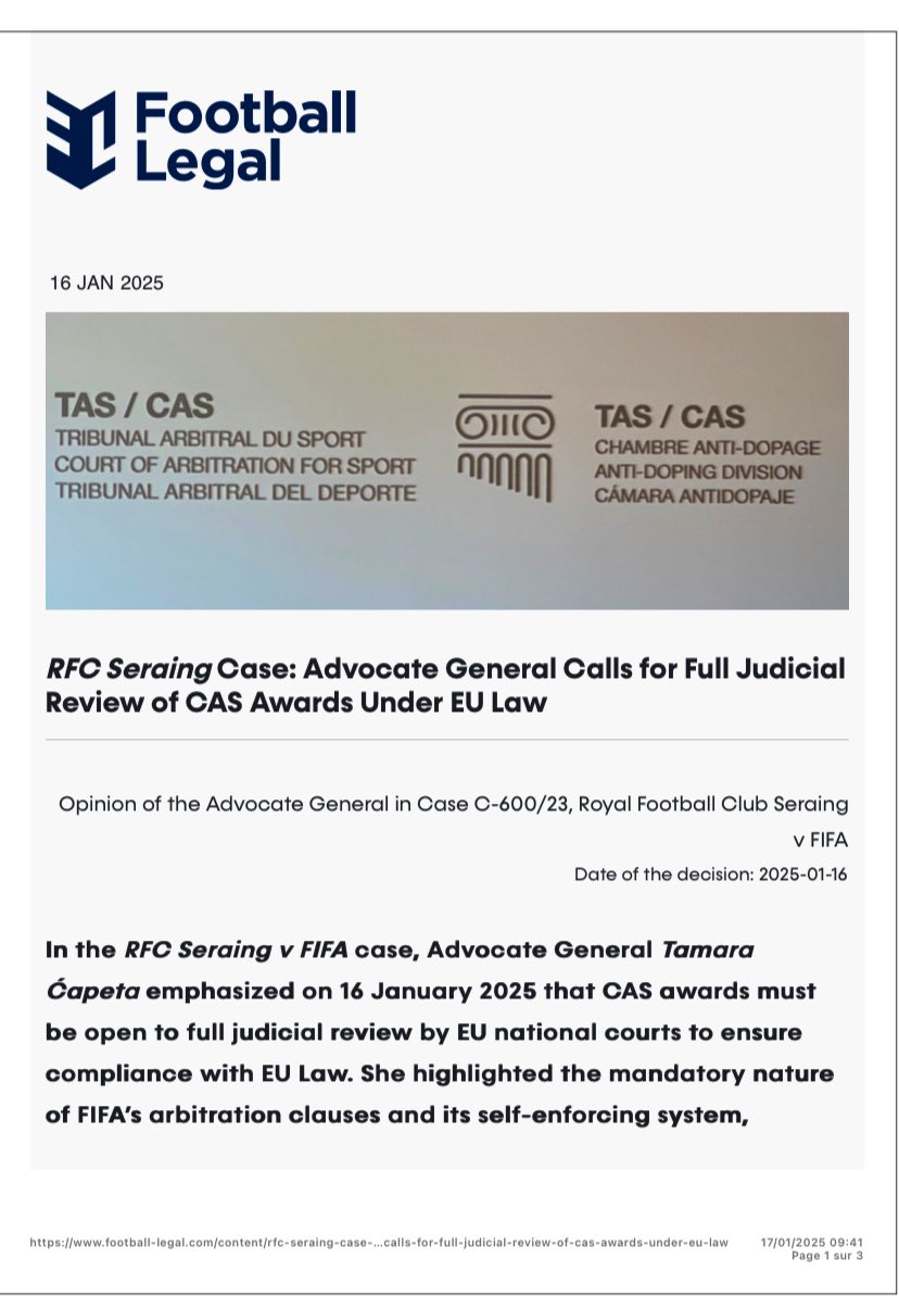 RFC Seraing Case: Advocate General Calls for Full Judicial Review of CAS Awards under EU Law
Full article and full text of the Opinion now available -www.football-legal.com 👇