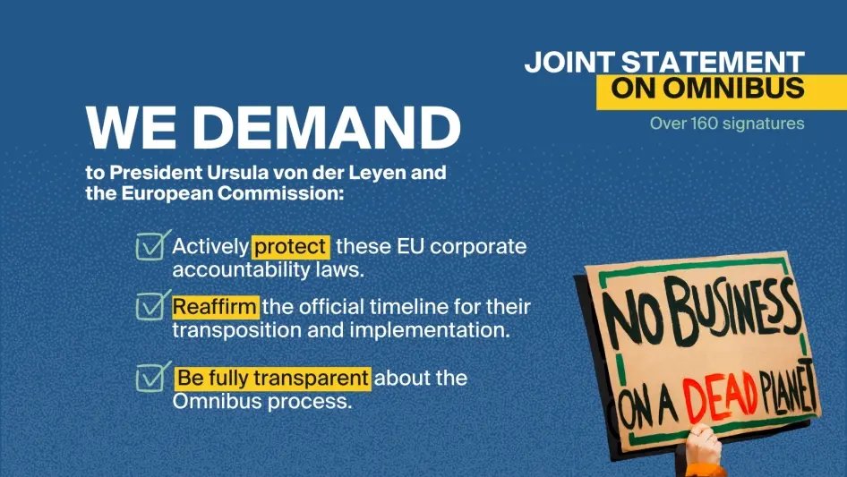 Philippe Dam (@philippe_dam) on Twitter photo 100s of civil society groups urge <a href="/EU_Commission/">European Commission</a> to protect EU's flagship corporate accountability law.
Omnibus bill announced by @vonderLeyen could be trojan horse to remove key human rights provisions from #CSDDD.
Read <a href="/hrw/">Human Rights Watch</a>'s @HdeRengerve's take👇
hrw.org/news/2025/01/1… 100s of civil society groups urge <a href="/EU_Commission/">European Commission</a> to protect EU's flagship corporate accountability law.
Omnibus bill announced by @vonderLeyen could be trojan horse to remove key human rights provisions from #CSDDD.
Read <a href="/hrw/">Human Rights Watch</a>'s @HdeRengerve's take👇
hrw.org/news/2025/01/1…