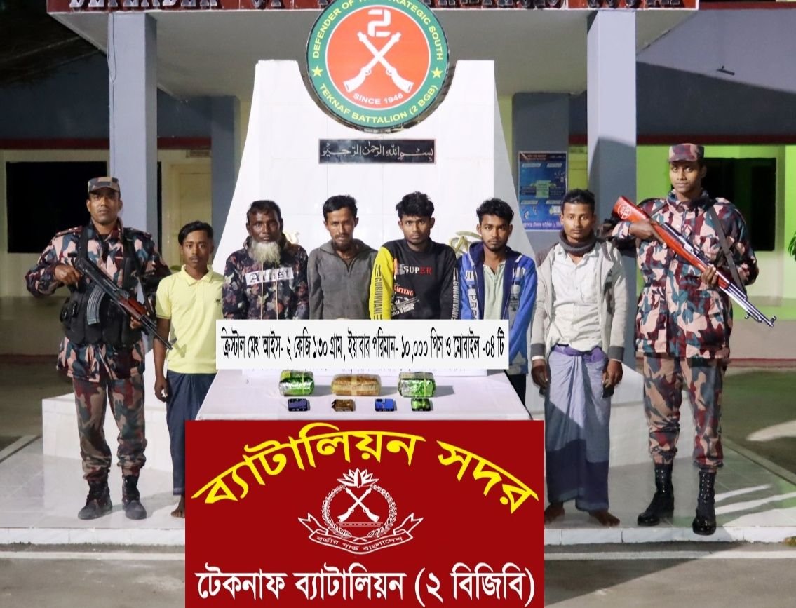 BGB_GOV_BD's tweet photo. বিজিবির টেকনাফ ব্যাটালিয়ন (২ বি��িবি) এর বিশেষ টহলদল নাফ নদীর মোহনা সংলগ্ন সাগরে মাদকবিরোধী অভিযান পরিচালনা করে ২.১৩০ কেজি ক্রিস্টাল মেথ আইস ও ১০ হাজার পিস ইয়াবাসহ ০৬ জনকে আট�� করতে সক্ষম হয়েছে।

The special patrol team of the Teknaf Battalion (2 BGB) conducted an anti-narcotics operation in the sea near the Naf River estuary and successfully seized 2.130 kg of crystal meth (ICE) and 10,000 pieces of yaba, arresting six individuals in the process.
#BGB #BorderGuardBangladesh #বিজিবি