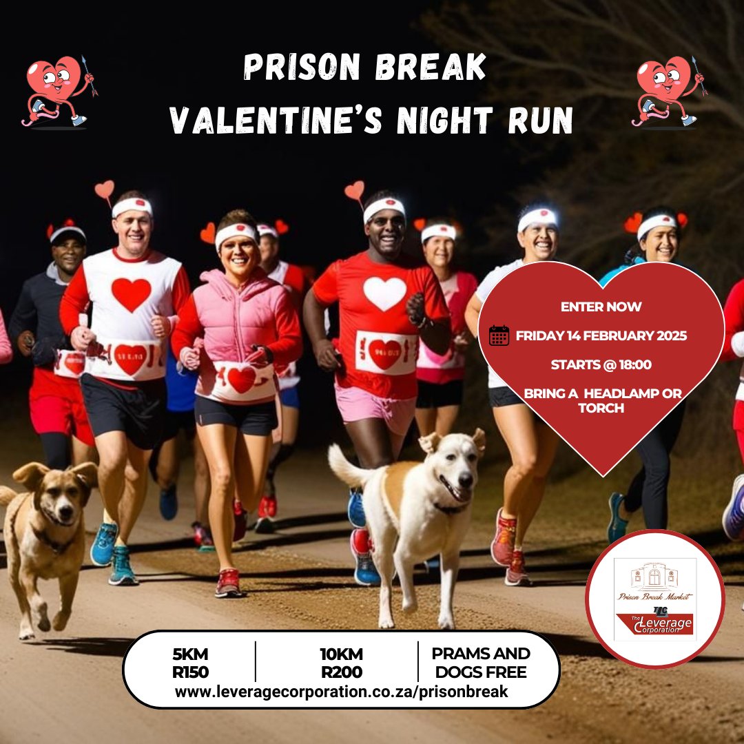 💖 Valentine’s Day Night Run

📅 14 Feb

🕕 18:00

📍 Prison Break Market

🌹 Dress up, run 5km/10km (R150/R200) &amp; win prizes for Best Dressed Cupid, Couple, &amp; more! (Headlamps/ Torches compulsory for 10km)

Enter Now! 💘 entryninja.com/events/81600-v…