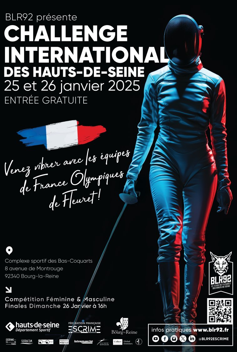 Venez encourager les équipes de France Olympique de Fleuret, lors de la 8e édition du Challenge International des Hauts-de-Seine.🤺

📅Du 25 janvier 2025 au 26 janvier 2025
📍Complexe sportif des Bas-Coquarts : 8, avenue de Montrouge, 92340 Bourg-la-Reine

🤺Entrée libre🤺