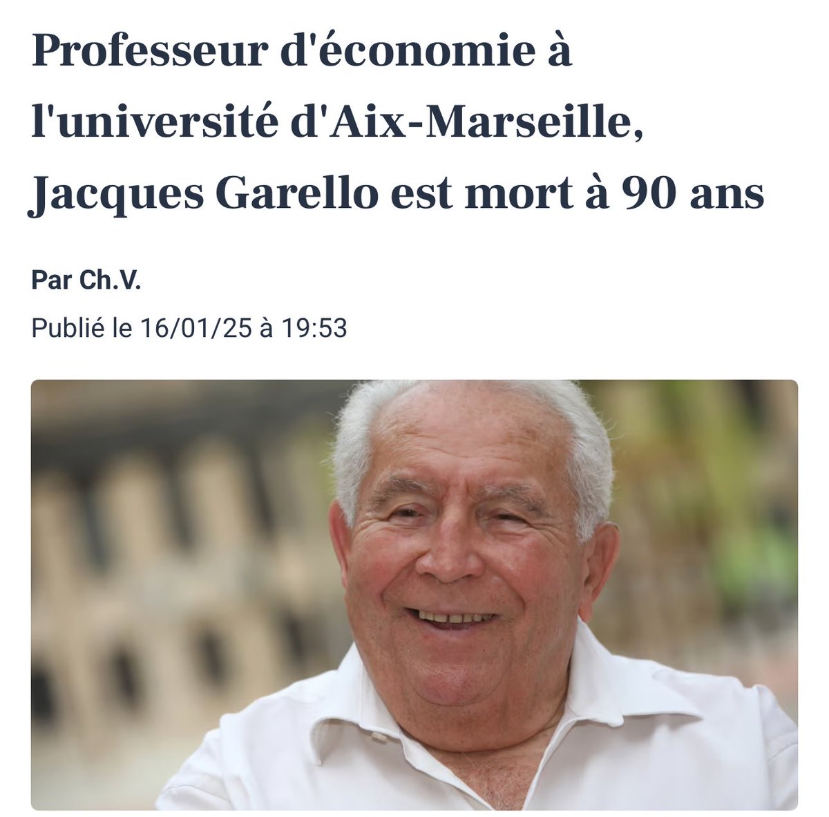 Balazuc (@balazuc2) on Twitter photo Tristesse d’apprendre le décès de #jacquesGarello professeur d’économie à Aix Marseille III , fondateur des nouveaux économistes, défenseur du libéralisme et de la Liberté.
Mes meilleurs souvenirs d’étudiant en Économie. 
RIP
#liberalisme #nouvelleeconomie Tristesse d’apprendre le décès de #jacquesGarello professeur d’économie à Aix Marseille III , fondateur des nouveaux économistes, défenseur du libéralisme et de la Liberté.
Mes meilleurs souvenirs d’étudiant en Économie. 
RIP
#liberalisme #nouvelleeconomie