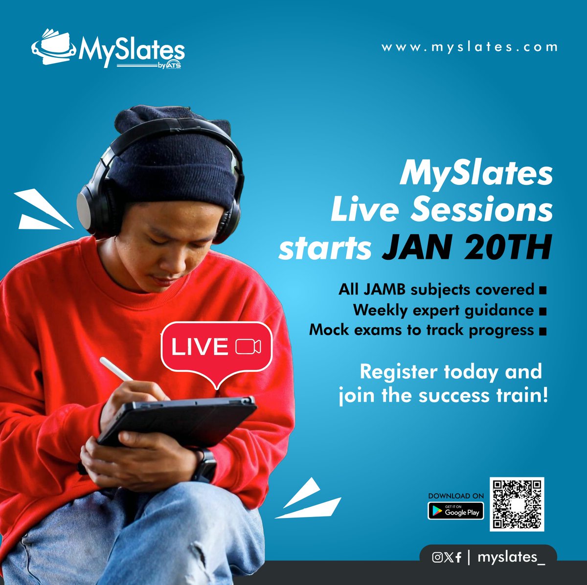 myslates_'s tweet photo. Mark Your Calendar!  MySlates Live Sessions kick off JAN 20TH!  All JAMB subjects, expert guidance, and mock exams to boost your confidence.  Register now and join the success train!  

#Jambprep #MySlates https://t.co/Lhsk55uuaA