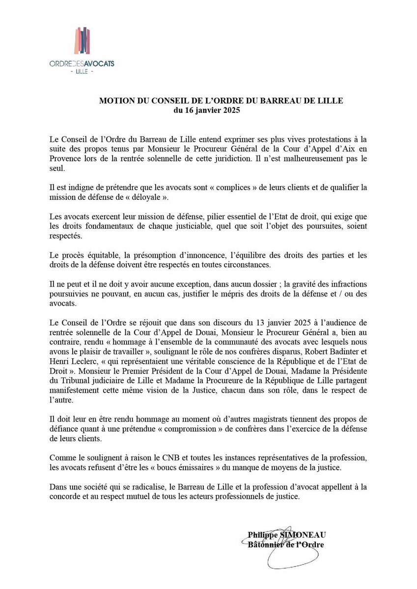 [ motion du barreau de Lille]

Motion du Conseil de l'Ordre du barreau de Lille du 16 janvier 2025