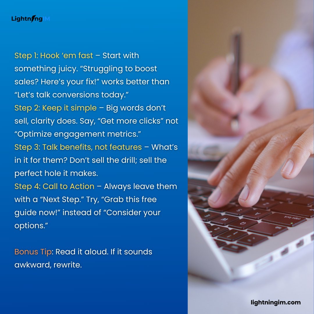 lightningim_com's tweet image. Great copy doesn’t need to be complicated. Try these hacks in your next post and watch the results!
#CopywritingTips #ContentCreation #MarketingHacks #WriteToConvert #SocialMediaTips