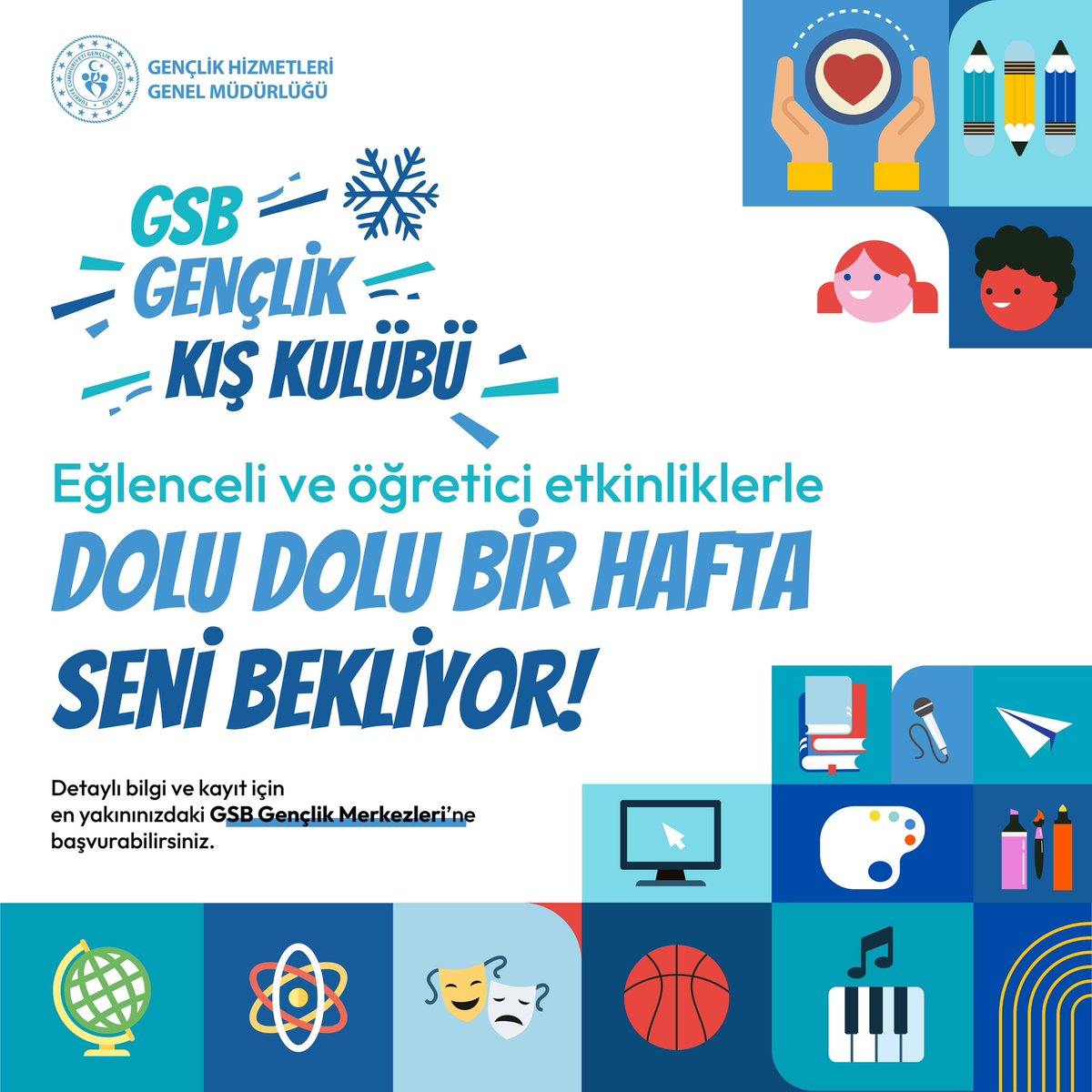 GSB Gençlik Kış Kulübü ❄️ 

Kayıt için 9-15 yaş aralığındaki bütün gençlerimizi İliç Gençlik Merkezine bekliyoruz 🥳

#gsbgm #ilicgm #ilic #gsbgençlikkışkulübü