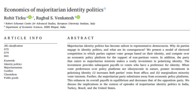 Rohit Ticku (@rohitticku) on Twitter photo The published version of the paper is now available at The Journal of Comparative Economics. I think the paper provides important insights on the rise of majoritarian identity politics, and it is among papers I am incredibly proud of. <a href="/ragsvenk/">Raghul S Venkatesh</a> sciencedirect.com/science/articl⦠The published version of the paper is now available at The Journal of Comparative Economics. I think the paper provides important insights on the rise of majoritarian identity politics, and it is among papers I am incredibly proud of. <a href="/ragsvenk/">Raghul S Venkatesh</a> sciencedirect.com/science/articlā¦