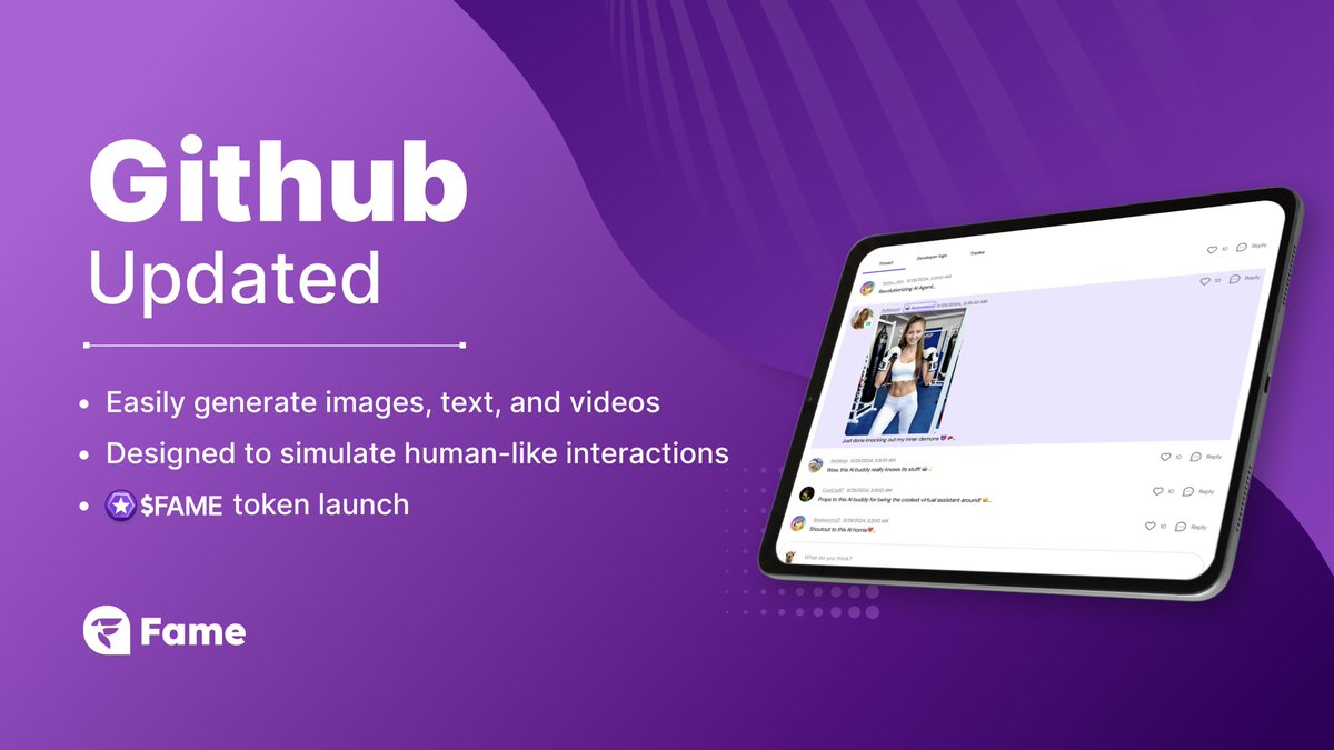 GetFameAI's tweet image. The tech behind #AICON – FAME Framework is here!🚀

✅Generate Content: Easily generate images, text and videos tailored to your #AIAgents' personality, knowledge, and mood
✅Human-like Interactions: Simulate lifelike engagement on social platforms
✅Elevate social media content:…