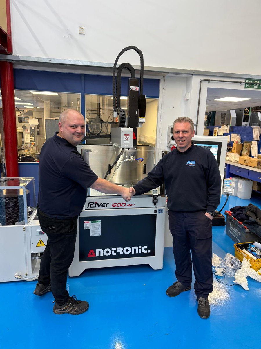 New Anotronic River 600 EDM fast hole drill machine installed.
Pictured, on left Martin White of @Anotronic &amp; Lee Finch A&amp;M’s EDM Production Director.
#EDMmachining #precisionengineering #ukmfg