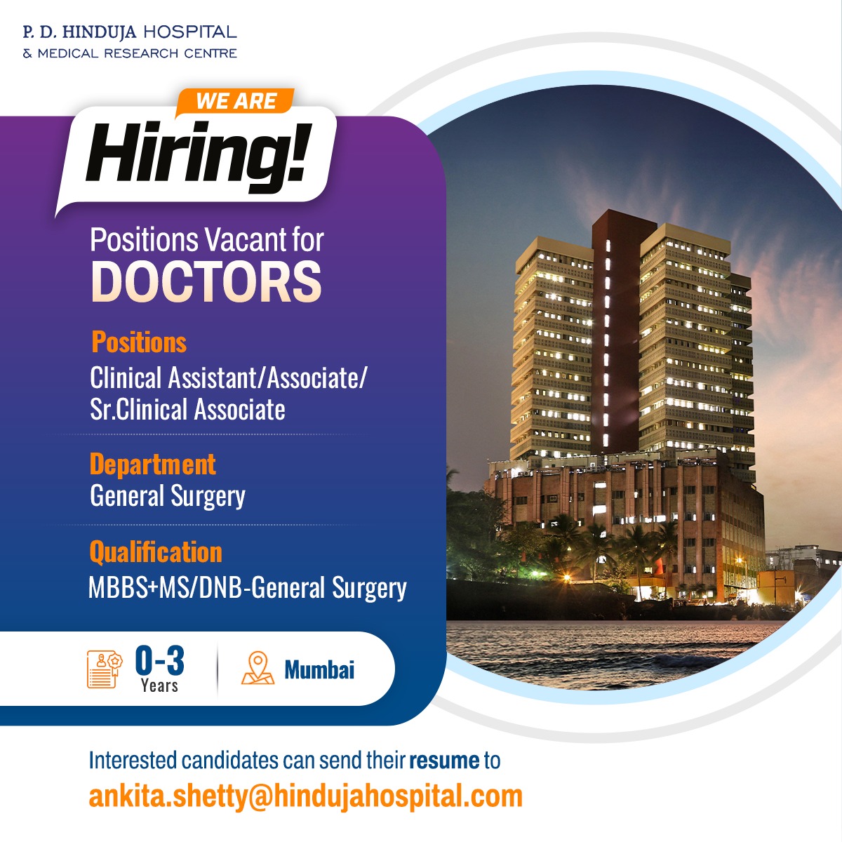 HospitalHinduja's tweet photo. Your expertise can save lives.
Join the medical team at P. D. Hinduja Hospitals and be a part of an institution that sets the bar for patient care.
Apply today, Send your CVs to ankita.shetty@hindujahospital.com 📩
#PDHH #QualityCareForAll #WeAreHiring #HealthcareJobs https://t.co/btP3LKauBV