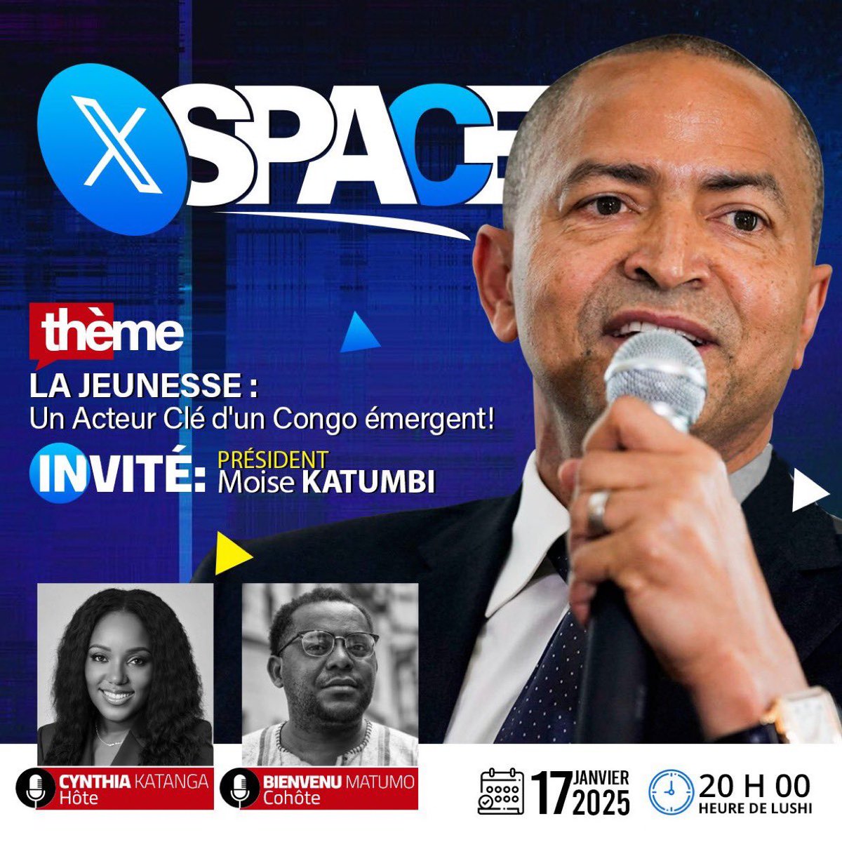 Ce soir à 20h de Lubumbashi, ne manquez pas un Space exceptionnel dédié à la jeunesse, acteur clé d'un Congo émergent. Un appel fort pour un Congo uni, pacifique et prospère.
Notre invité de choix, le Président <a href="/moise_katumbi/">Moise Katumbi</a>, abordera sa vision pour la jeunesse…
