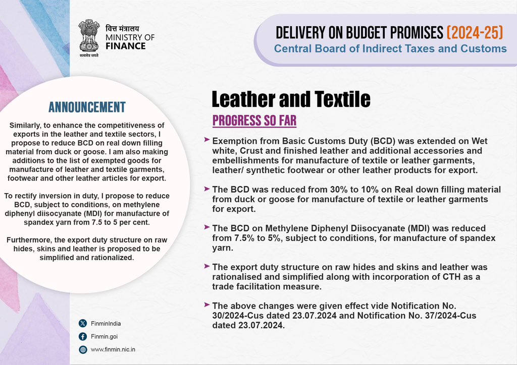 As part of its Union Budget 2024-25 announcement, CBIC <a href="/cbic_india/">CBIC</a> took various measures to enhance competitiveness of exports in leather and textile sectors.

#BudgetForViksitBharat