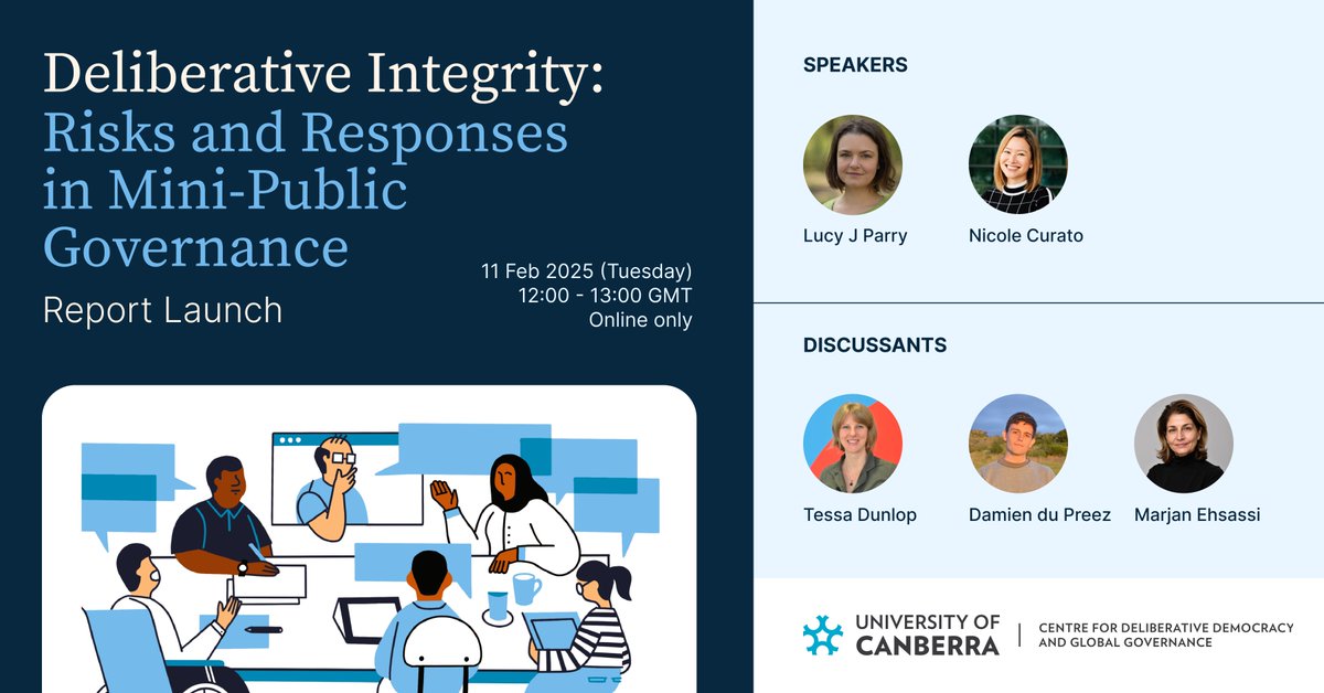 Nicole Curato (@nicolecurato) on Twitter photo What risks threaten the integrity of deliberative mini-publics?
Join me & @LucyJParry in our report launch based on 3 years of research funded by <a href="/arc_gov_au/">Australian Research Council</a>.
Feat Tessa Dunlop, <a href="/DamienJDP/">Damien du Preez</a> & Marjan H. Ehsassi. Moderated by <a href="/OliverEscobar/">Citizen Participation - oliverescobar@bsky.social</a>
events.humanitix.com/deliberative-i… What risks threaten the integrity of deliberative mini-publics?
Join me & @LucyJParry in our report launch based on 3 years of research funded by <a href="/arc_gov_au/">Australian Research Council</a>.
Feat Tessa Dunlop, <a href="/DamienJDP/">Damien du Preez</a> & Marjan H. Ehsassi. Moderated by <a href="/OliverEscobar/">Citizen Participation - oliverescobar@bsky.social</a>
events.humanitix.com/deliberative-i…