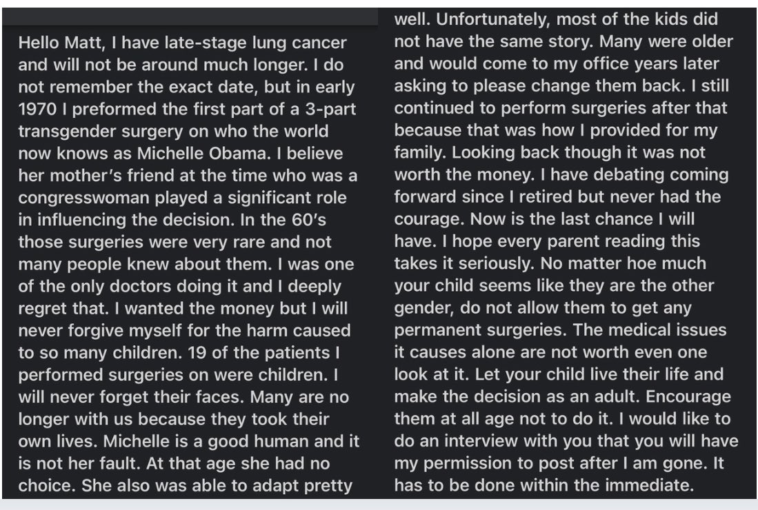 MattWallace888's tweet image. 🚨 EXCLUSIVE REPORT 🚨

I received this email that appears to be credible. He provided evidence that he is a doctor who performed gender transition surgeries. However, he did not show proof that he did the surgery on Michelle Obama. Read it yourself and form your own opinion. He…