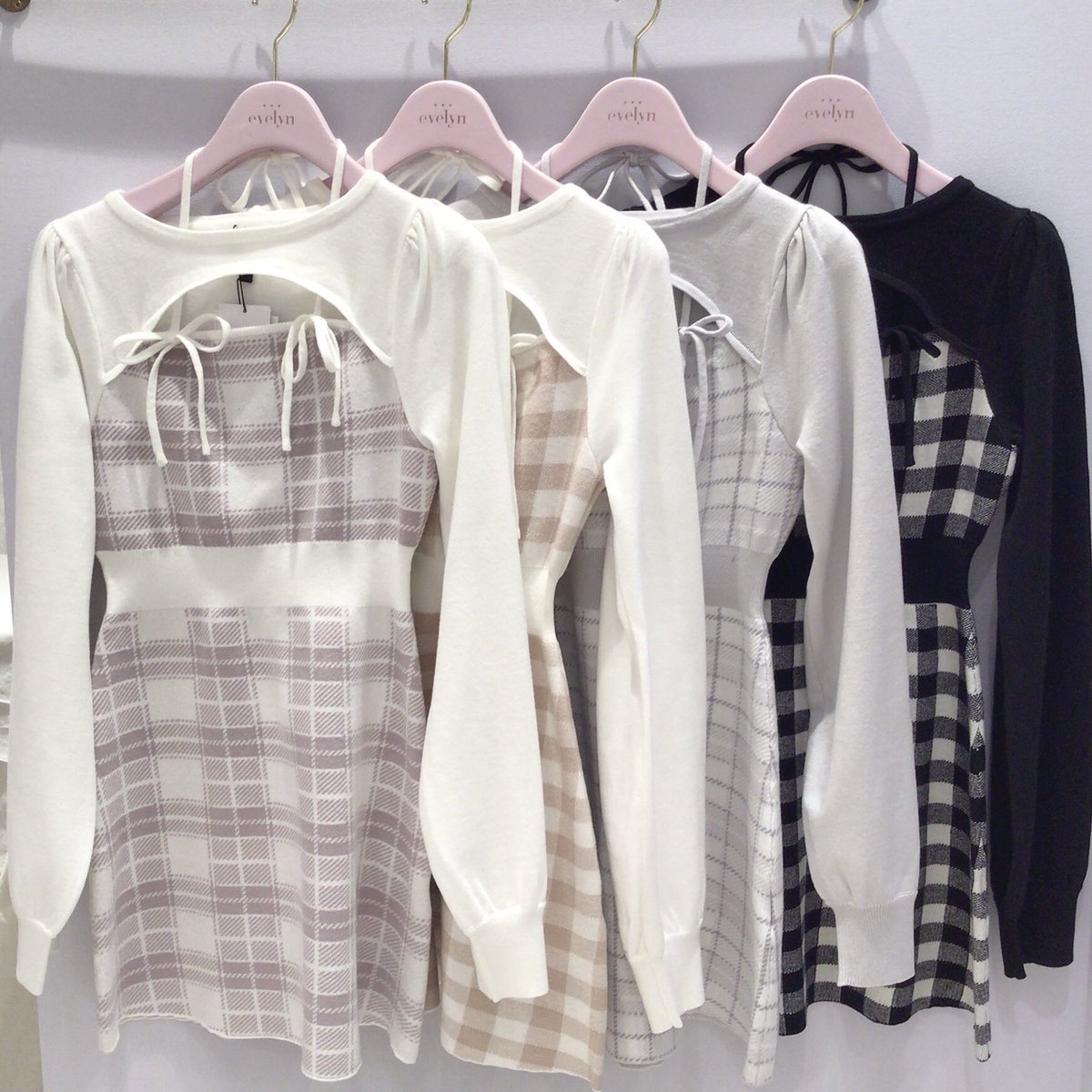 evelyn🐰原宿店 #リボンチェックタイトOP /￥8,900 color:PI/IGY/BE/BK
