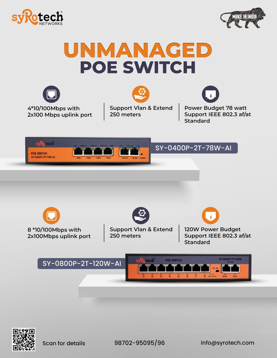 Syrotech's tweet image. Networking made simple! Our Unmanaged POE Switches offer reliable, easy-to-use connectivity in 4-port and 8-port models. Perfect for powering devices without the hassle.

#NetworkingSolutions #POESwitch #PowerOverEthernet #PlugAndPlayTech