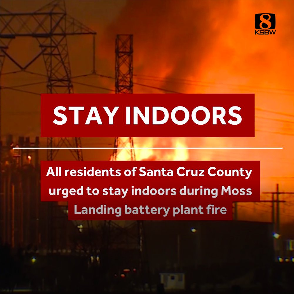 Santa Cruz County residents are urged to stay indoors during the Moss Landing battery plant fire. 

Keep up with the latest details here:ksbw.com/article/fire-m…