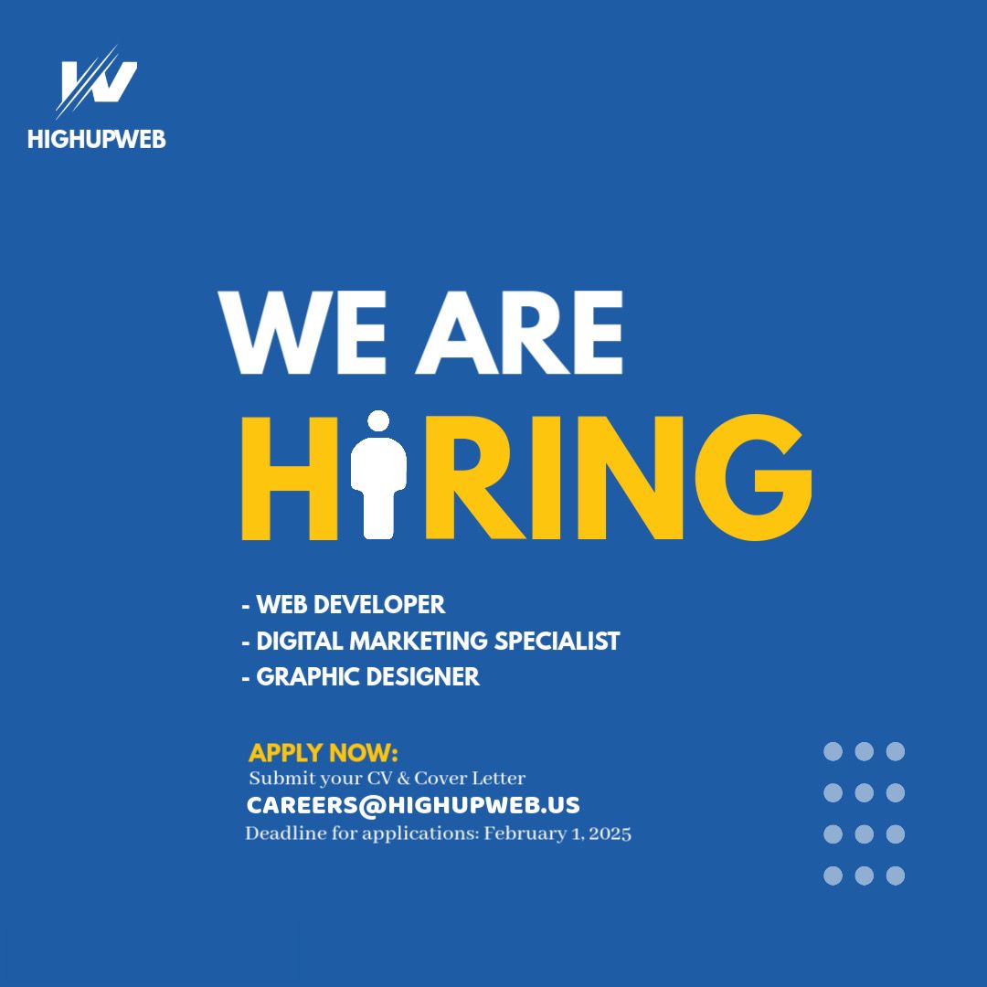 CIPMindset's tweet photo. Highupweb is hiring for multiple roles in Cameroon:

- Web Developer

- Digital Marketing Specialist 

- Graphic Designer

Deadline: February 1, 2025

To apply, 

Send your CV and cover letter to careers@highupweb.us https://t.co/CgLuokhgMe