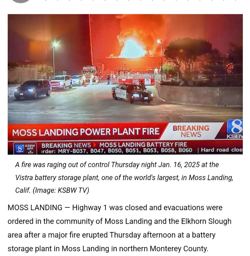 If you want to know how California's energy transition is going, here's one of the world's biggest batteries burning out of control tonight in coastal Monterey County.

California thought batteries were going to replace most normal power plants, storing solar power for later use.