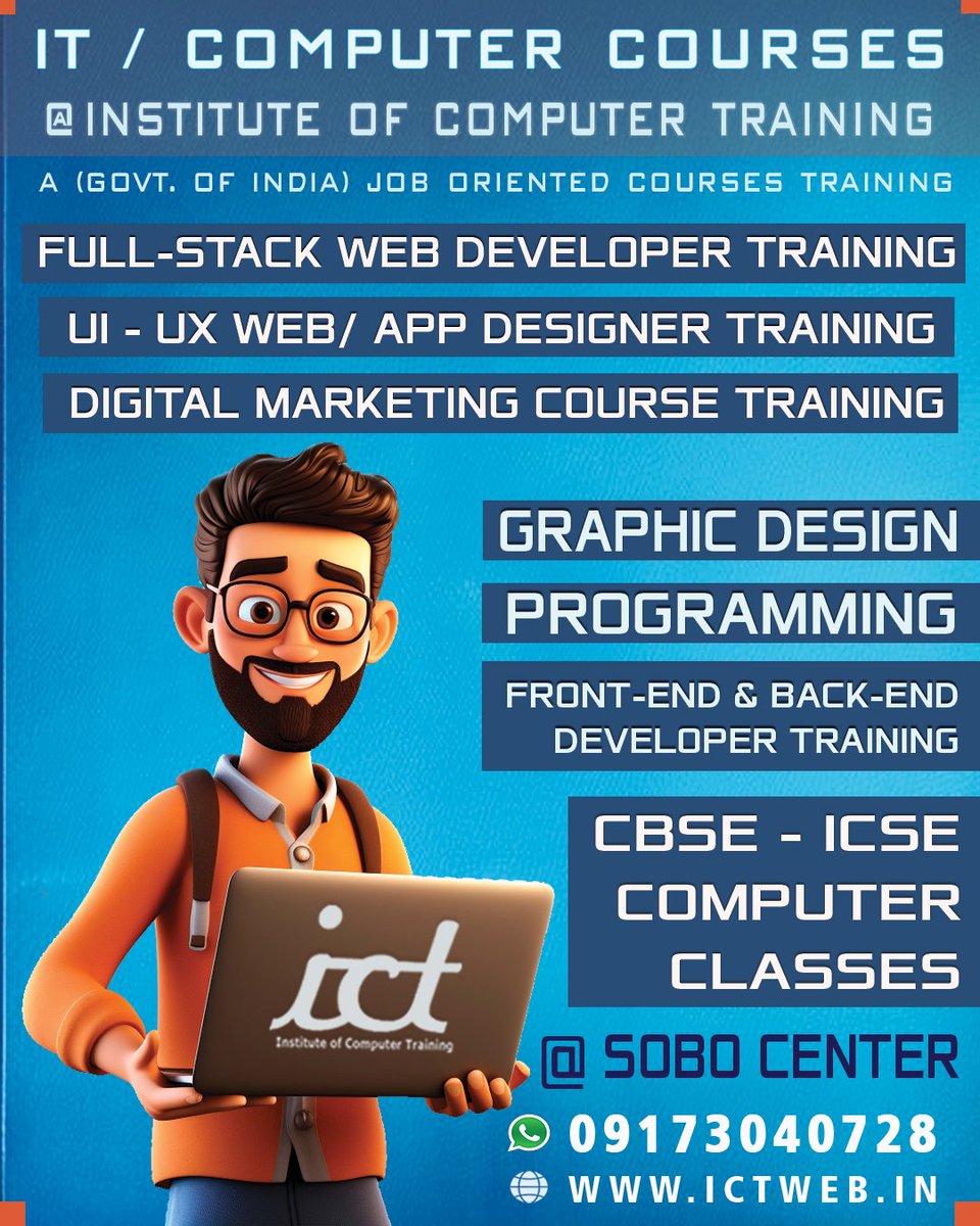 ict_bopal's tweet photo. Computer Courses after 10th or 12th with ICT Ahmedabad.
#ict_ahmedabad #ahmedabad #bopalahmedabad #southbopalahmedabad #computer #ITCourses #ComputerEducation #computerclasses #ShelaAhmedabad #computer_courses #computercourses #computerscience #computertraining #computersoftware https://t.co/ECYXLMFI8v