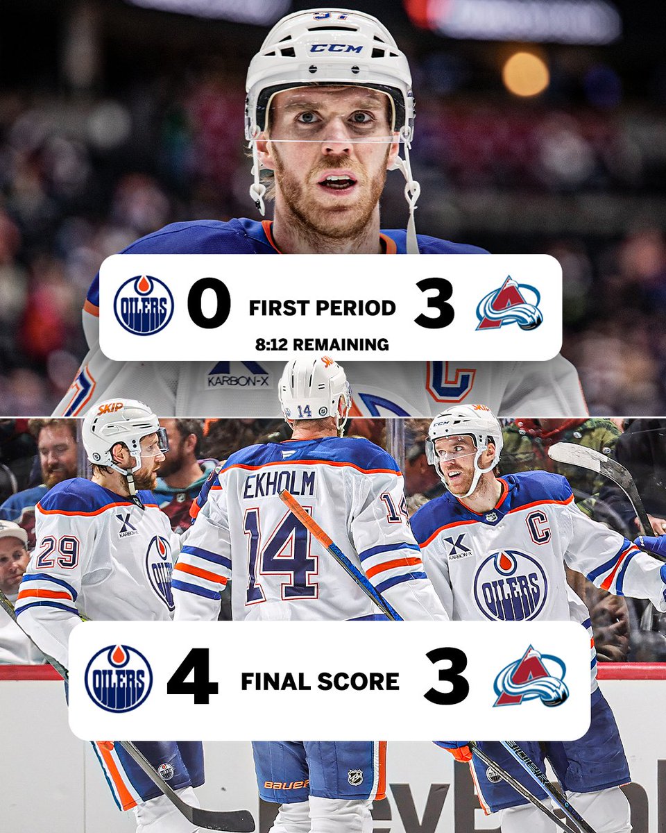 espn's tweet photo. MCDAVID AND THE OILERS SCORE FOUR UNANSWERED TO BEAT THE AVALANCHE 😱 https://t.co/U3KLFbNoKx