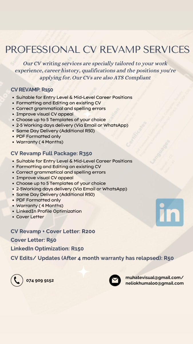 NelioGMan's tweet image. Professional CVs and LinkedIn Optimization... ATS Friendly Compliant. DM Me if interested.
#cvwritingservices #linkedinoptimization #interviewtipsandtricks #atsfriendly
